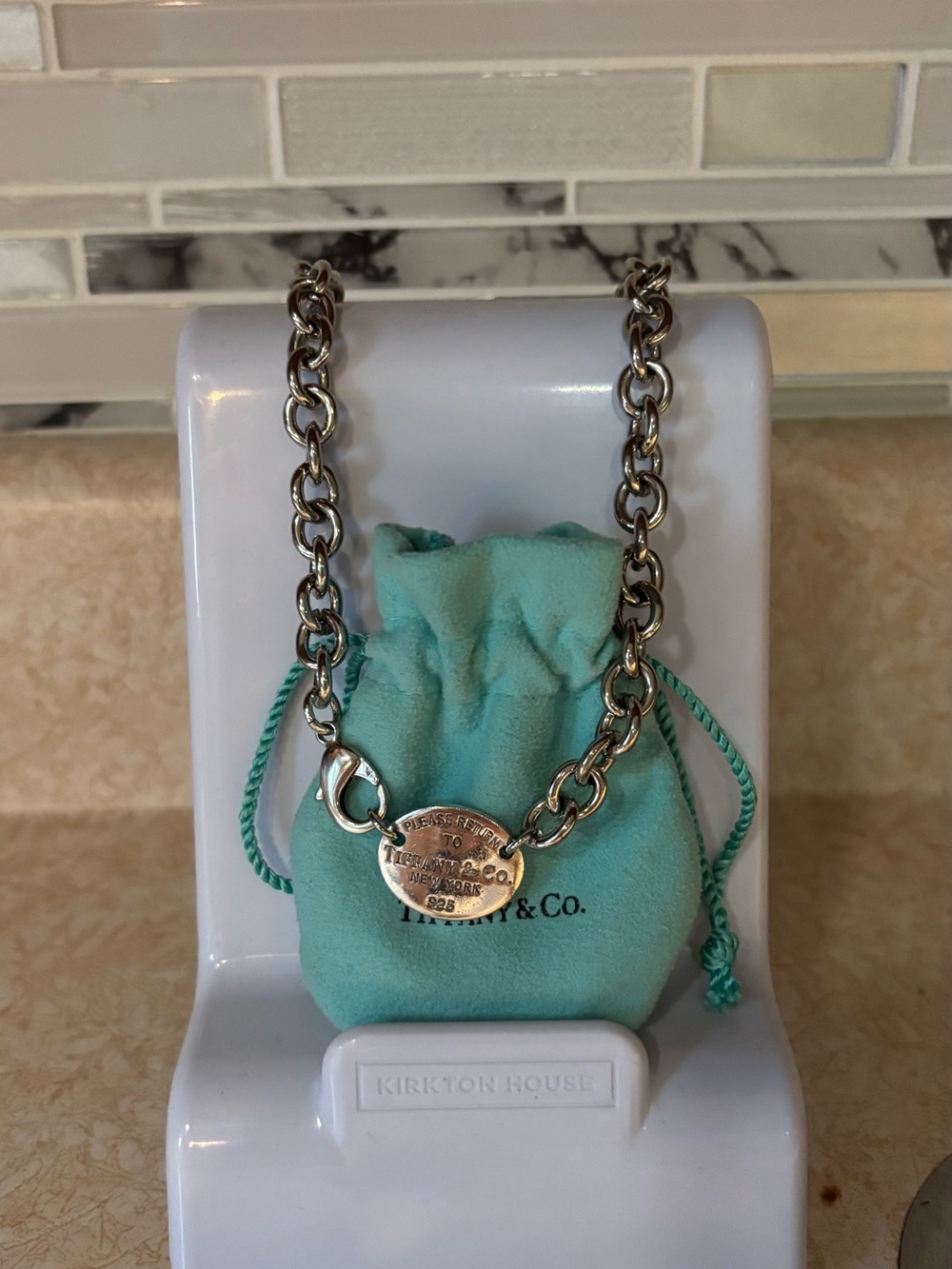 Tiffany & Co. Silver Link Necklace with Heart Tag and Tiffany Blue Pouch